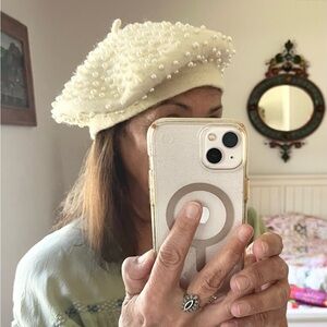 Chic Ivory White Wool Beret with Pearl Accents by Kokin NYC
